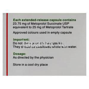 メトプロロール（トプロルXL ジェネリック）, Metolar XR, 25MG カプセル (Cipla) 情報