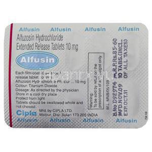 アルフゾシン, Alfusin, 10mg 錠 (Cipla) 包装裏面