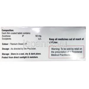 Acarboz, Acarbose 50 mg, Knoll Pharmaceuticals, box back presentation