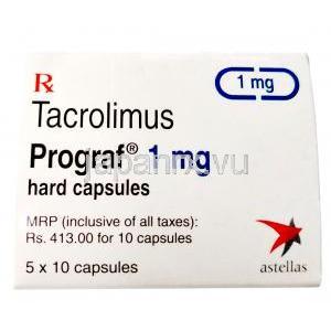 Prograf, Tacrolimus 1mg, Hard capsule Astellas Pharma, Box information