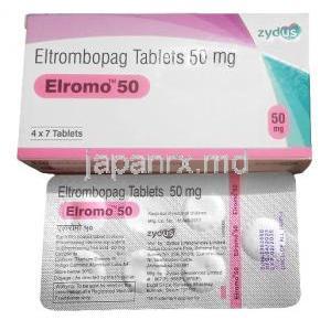 エルロモ, エルトロンボパグ 50mg, 7錠, 製造元：Zydus Cadila, 箱, シート