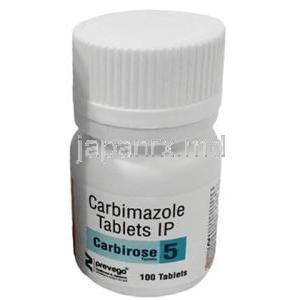 カルビローズ, カルビマゾール 5mg, 100錠, 製造元：Prevego Healthcare & Research Private Limited, ボトル表面