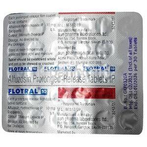 フロトラル,アルフゾシン 10mg, 30錠, 製造元：Sun Pharma, シート情報　