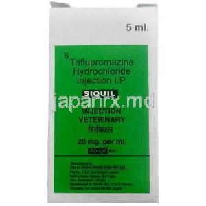 シキュイル 注射, トリフルプロマジン 1mLあたり 20 mg , 注射液 5mL,製造元： Zydus, 箱表面