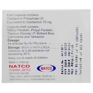 ナトフル, リン酸オセルタミビル 75mg, カプセル, 製造元：Natco Pharma, 箱情報, 成分, 保管方法