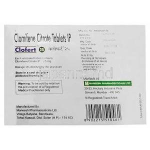 クロフェルト 25, クロミフェン 25mg,製造元： Maneesh Pharmaceuticals, 箱情報