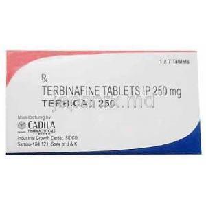 テルビカド, テルビナフィン 250 mg, 7 錠, 製造元：Cadila Pharmaceuticals Ltd, 箱表面