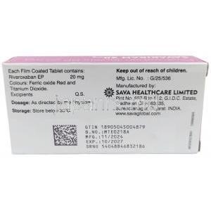 サバリバン, リバロキサバン 20 mg, 製造元：Sava  Healthcare, 箱情報, 製造日, 消費期限