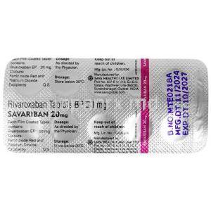 サバリバン, リバロキサバン 20 mg, 製造元：Sava  Healthcare, シート情報