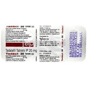 タダクト 20, タダラフィル 20 mg, 製造元：Ipca Laboratories, シート情報